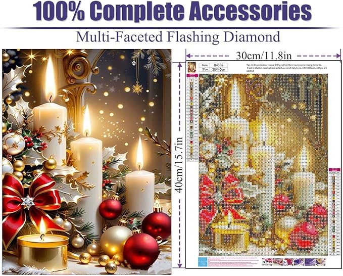 Mrnsiet Christmas Diamond Painting Kits for Adults, Christmas Candles Diamond Art for Beginners, 5D Round Full Drill Winter Diamond Painting Gem Art Kits for Home Wall Decor 12x16inch
