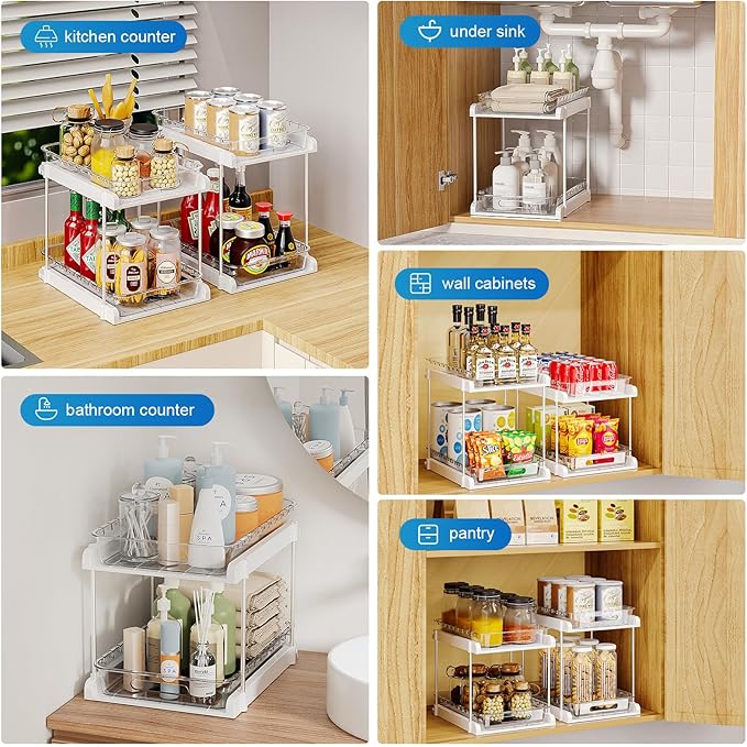 EVERIE 2-Tier Pull Out Under Sink Organizers for Kitchen, Bathroom, Pantry, Counter Top Or Cabinet Organizer, Pack of 2