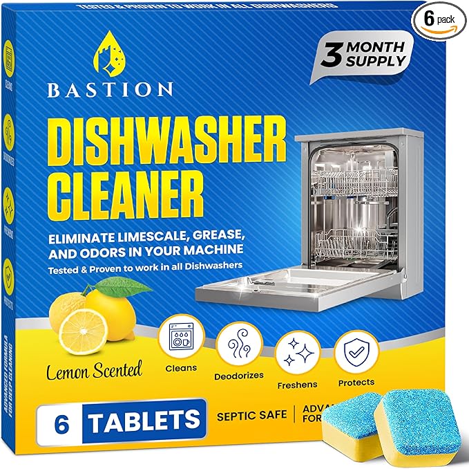Bastion Dishwasher Cleaner Tablets, Lemon Scent, 3-Month Supply (6 Pods), Powerful Cleaning & Odor Removal, Descaling Tablets