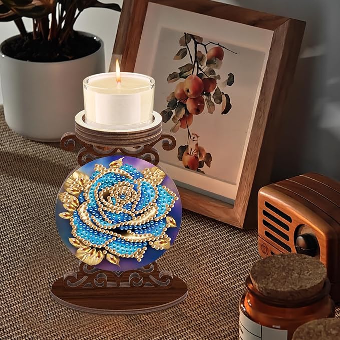 Diamond Art Painting Candlestick Holder kits, Blue Rose DIY shaped crystal Diamond art painting, woodiness Candle holder for AromaRelax & Home Decor, Christmas Halloween Ornaments (Double-Sided)