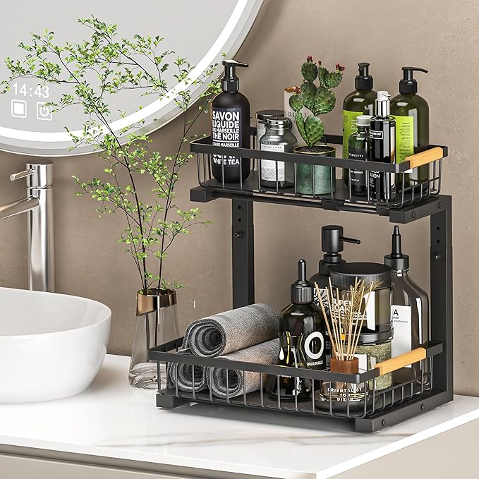 Liuoud Under Sink Organizer Storage 1 pack, 2 Tier Slide Out Height Adjustable Pull Out Cabinet Organizer Drawers, Kitchen Bathroom Large Capacity Metal Under Sink Rack Caddy Basket Shelves, Black