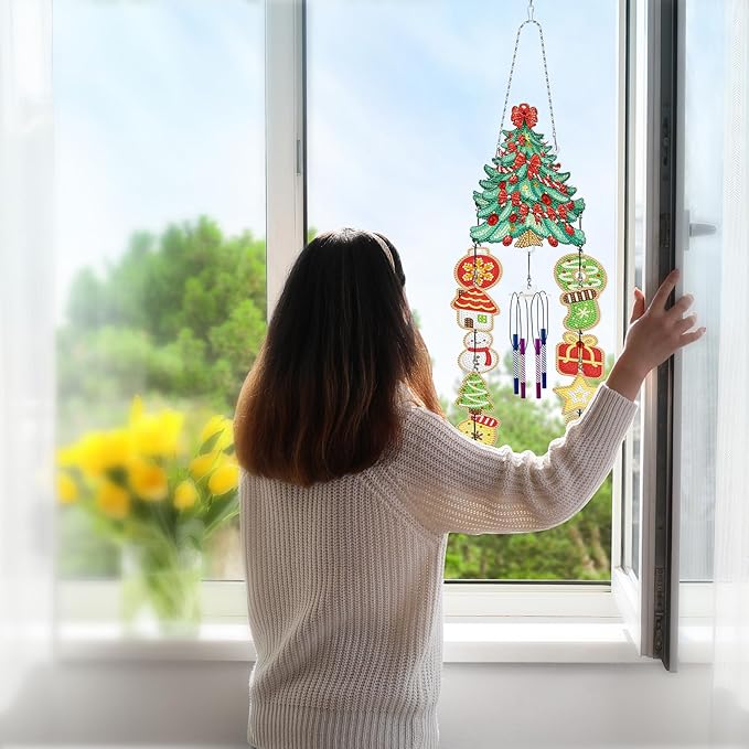 Diamond Dots Christmas Tree Wind Chimes Hanging Ornaments DIY Kits 5D Christmas Tree Diamond Art Painting Wind Chime Hanging Pendant Double Sided Special Shaped Gem by Number Yard Office Window Decor