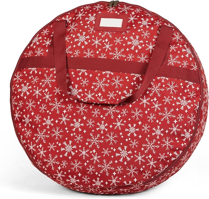 Covermates Keepsakes Wreath Storage Bag – Heavy-Duty Polyester with Buckle Straps & Interior Pouch – Protective Holiday Wreath Organizer with Handles, D-Ring & Label Window, Red Snowflake