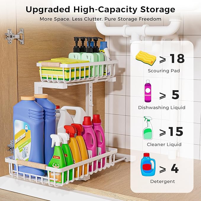 Under Sink Organizer,2 Pack Under Kitchen Sink Organizer,2 Tier Sliding-Out,5 Level Height Adjustable,Thickened Carbon Steel,Anti-Rust Treatment,for Kitchen Bathroom Black