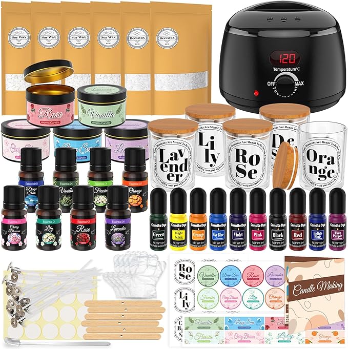 Candle Making Kit for Adults - 43 PCS Complete DIY Candle Making Supplies, Include Wax Melter, 1500G Soy Wax Beeswax, 8 Scents, 10 Dyes, 10 Jars, 20 Wicks & More - Great for Beginner, Home Decoration