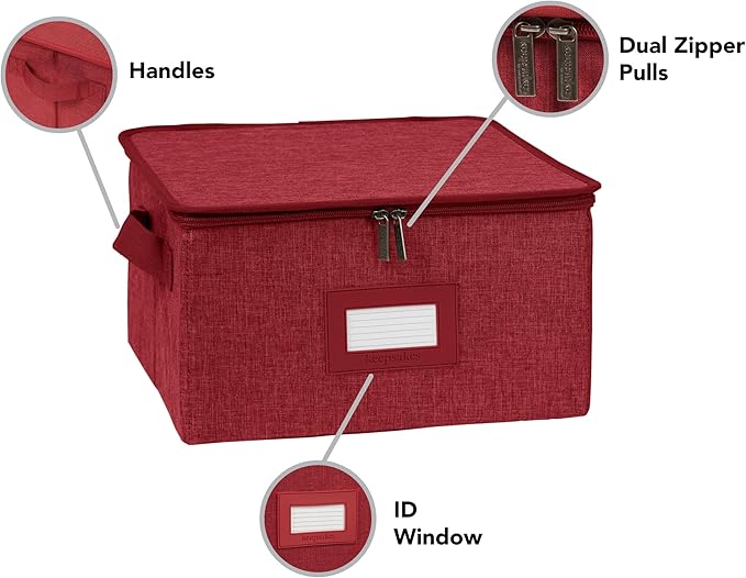 Covermates Dish Storage Box – China & Dinner Plate Storage Container with Dual Zippers, Reinforced Handles, ID Window & Stackable Structured Walls for Dishware Organization, Red Heather
