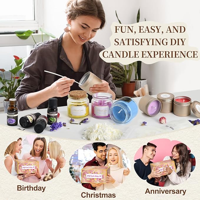 Jcoos Candle Making Kit,DIY Candle Kit for Adults with Candle Wicks, Soy Wax for Candle Making, Candle Dye, Essential Oils, Candle Tins & Jars, Dried Flowers, Crafts for Adults, Gifts for Women