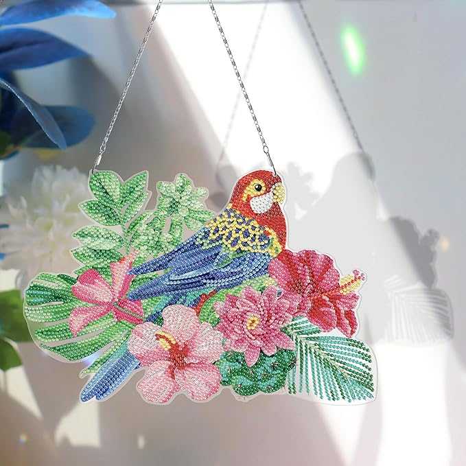 Parrot Diamond Art Hanging Signs with LED Light String DIY 5D Bird and Flowers Diamond Art Painting Wreath Hanging Pendant Special Shaped Gem by Number Mosaic Kits for Garden Front Door Spring Decor
