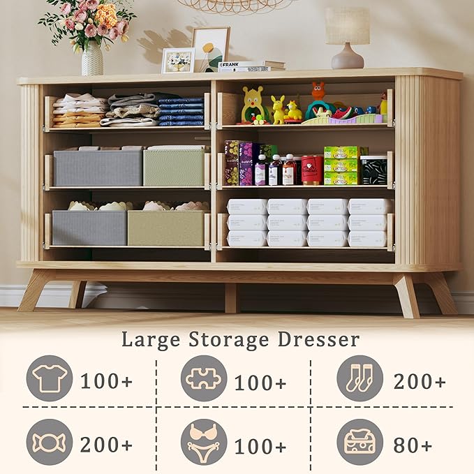 HUAHUU 55" Wide Fluted 6 Drawers Dresser for Bedroom, Mid Century Modern Dresser & Chests of Drawers, Curved Profile Design, Dressers TV Stand, Wood Storage for Hallway, Entryway, Oak