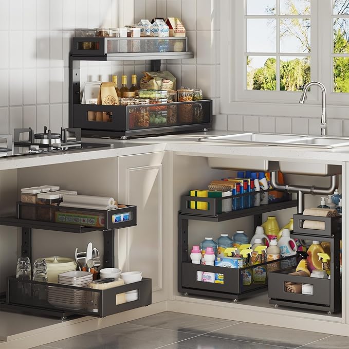 2 Pack 18.5IN-Depth Under Sink Organizer With Next-Gen Ball-Bearing Slides,2-Tier Pull Out Cabinet Storage,Height Adjustable Drawer Shelf for Bathroom,Kitchen,Laundry,Cabinet,Pantry-Black
