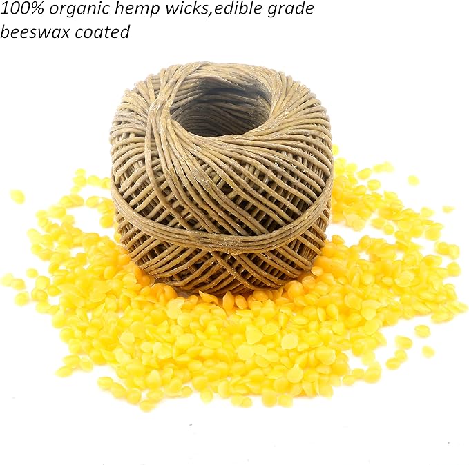 MILIVIXAY 100% Organic Hemp Candle Wick with Natural Beeswax Coating, 200 FT Spool, Standard Size (1.0mm)+ Wick Sustainer Tabs (200PCS).