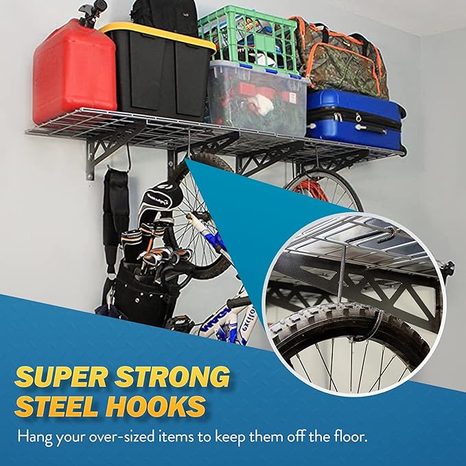 MonsterRax | Garage Wall Shelf Four-Pack White or Hammertone | Three Size Options | Includes Bike Hooks | 300lb Weight Capacity (Hammertone, 24"x48", 4 Pack)