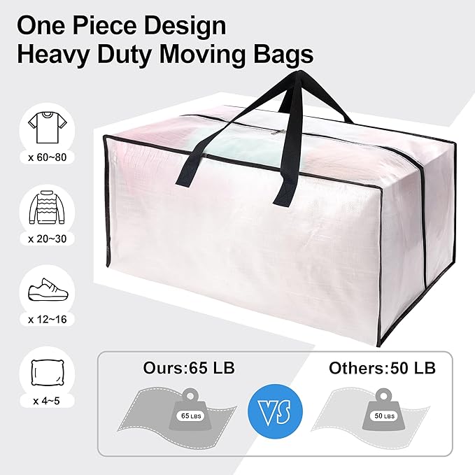 VELVETSURE 12 Pack Heavy Duty Large Moving Bags W/Backpack Straps - Strong Handles & Zippers, Storage Totes For Space Saving, Fold Flat, Alternative to Moving Box and Storage Bin, Semi-Transparent