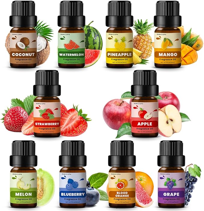 Fruity Fragrance Oil for Candle & Soap Making, INWICOPH Premium Essential Oils 5ml x 10 - Blueberry, Strawberry, Mango, Blood Orange, Essential Oil Diffusers for Home