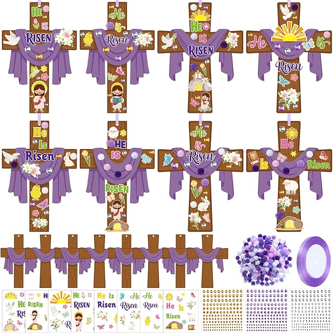 Funrous 48 Sets Easter Religious Crafts Bulk He is Risen Cross Paper Crafts DIY Easter Jesus Christian Hanging Ornaments Arts with Stickers Pompoms for Sunday School Vbs Classroom Spring Activities
