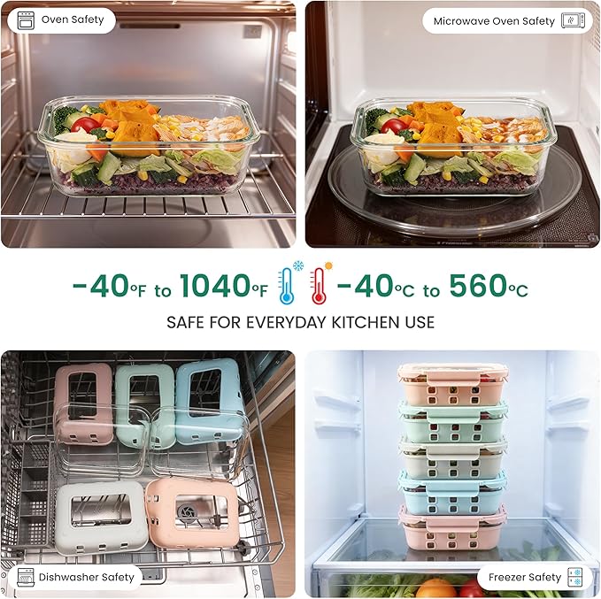 GENICOOK 4.4 Cup Glass Food Storage Containers, 5-Pack – Airtight Meal Prep Containers with Non-Slip Silicone Sleeve & Glass Lids, BPA-Free, Leakproof, Stackable