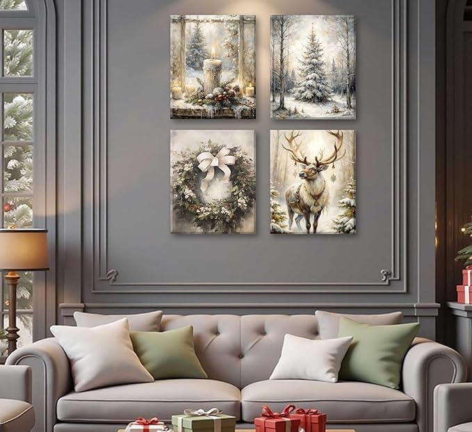 Paint by Number Kit for Adults & Kids, 4 Pack Winter Christmas Scenes (Reindeer, Snowy Tree, Candle Display, Wreath) 12x16Inch Unframed, DIY Acrylic Painting Kit with Brushes & Paints