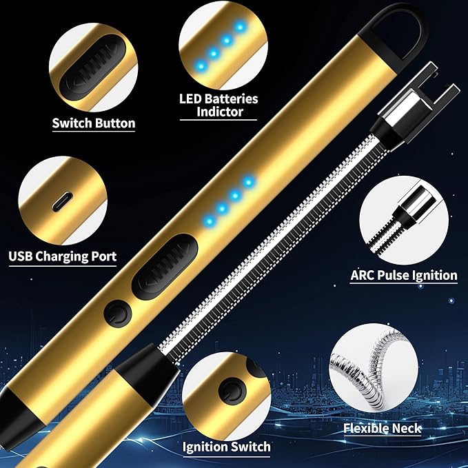 2-Pack Rechargeable Electric Candle Lighters, Flameless Windproof Long Lighter with 360° Flexible Neck and LED Display for Candles, Camping, BBQ & Fireplace (Gold)