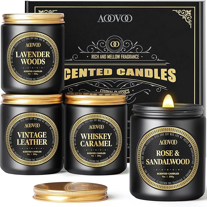 AOOVOO Scented Candles for Men - 4 Pack Candles for Home Scented, 36oz Soy Wax, 200 Hour Burn Time, Men Candle Set, Rose Sandalwood/Whiskey Caramel/Lavender/Leather Candle Set T