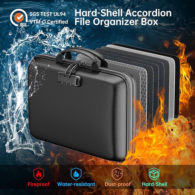 DocSafe Fireproof File Organizer with Lock, Hard-Shell Case Fireproof Document Box with 13 Pocket Accordion File Folder, Portable Home Office Travel Safe Storage for Important Documents Laptop Black
