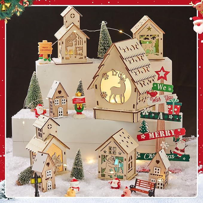 29pcs Christmas Village Sets Lighted DIY Wooden Christmas Village Houses for Crafts Accessories Wood House to Paint with Xmas Miniatures Trees Winter Snow Xmas Display Ornaments Craft Gift