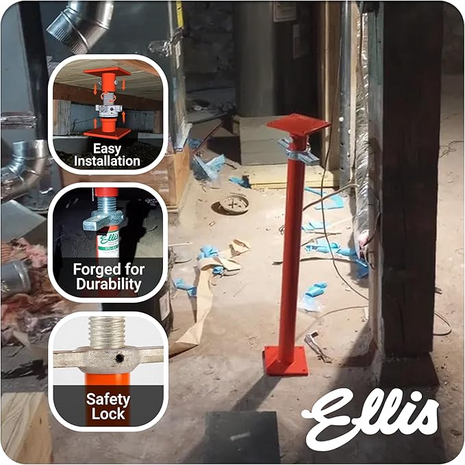 Ellis Manufacturing Light-Duty Steel Construction Jack - Adjustable Screw Jack Post for Floor Leveling, Beams, and Concrete - 12,000 lb Load Capacity - 37"-61" Adjustment, House Jacks for Leveling