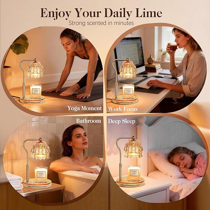 Candle Warmer Lamp with Timer Dimmer, Modern Wax Warmer for Scented Wax Jar Candle Warmer with 2 Bulbs, Adjustable Height Glass Lamp for Women, House Warming Gifts, Gold Amber