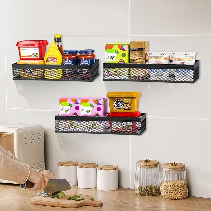 Wetheny Hanging Wall Mount Storage Baskets with Adhesive Hooks & Screwing, Metal Wire Organizer Baskets for Home Decor, Kitchen, Bathroom, Pantry, Laundry, Closet, Garage, RV Black 2 Packs (Netting)