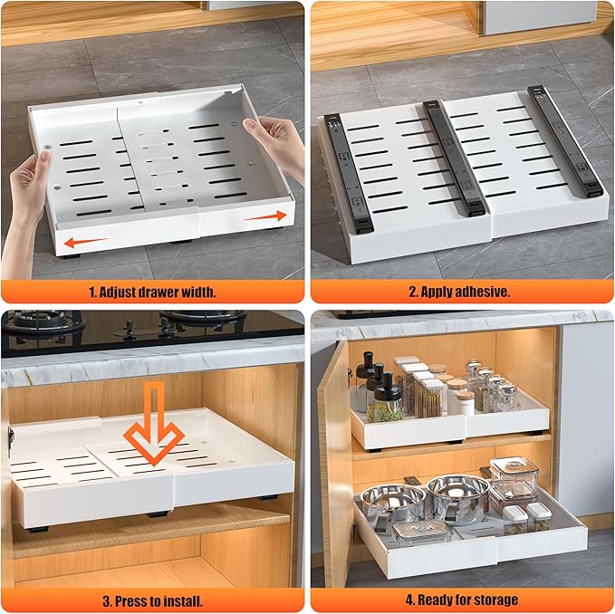 DEKAVA 2 Pack Pull Out Cabinet Organizer Expandable, Adhesive with Nano Film, Pull Out Drawers for Cabinets in Kitchen, Pantry or Bathroom (White, 21"DEEPX[12"-20'']Width-2PACK)