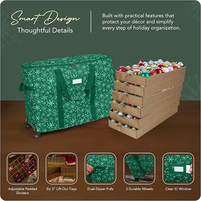 Covermates Keepsakes Rolling Adjustable Ornament Storage Bag – Heavy-Duty Polyester, FlexGrid Trays & Padded Dividers – Protective Holiday Organizer with Wheels, Handles & ID Window, Green Snowflake