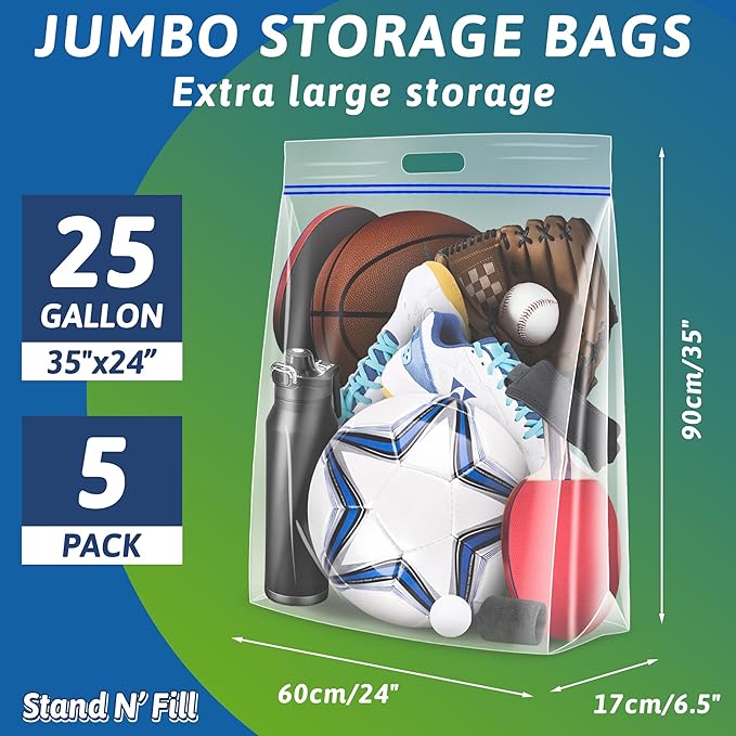 Extra Large 25 Gallon Storage Bags - 35” x 24” with Resealable Zip and Carry Handle, Ideal for Clothes, Pillows, Moving and Travel, Set of 5