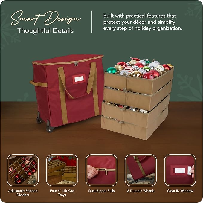 Covermates Keepsakes Rolling Adjustable Ornament Storage Bag – Heavy-Duty Polyester, FlexGrid Trays & Padded Dividers – Protective Holiday Organizer with Wheels, Handles & ID Window, Red