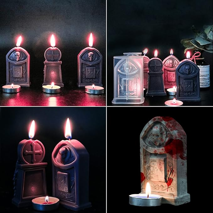 2 Pcs Tombstone Candle Mold Halloween Resin Casting Silicone Mold for DIY Aromatherapy Candles Wax Plaster Polymer Clay Decoration