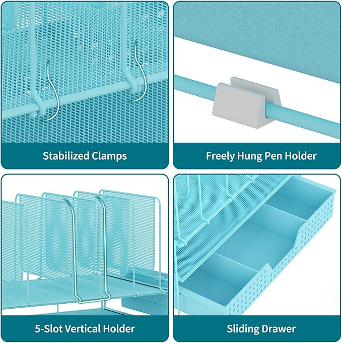 LEKETREE Blue Desk Organizer, Office Organization with Vertical File Holder, File Organizer with Drawer and Pen Holder, Desk Accessories and Workspace Organizers for Home Office (Sky Blue)