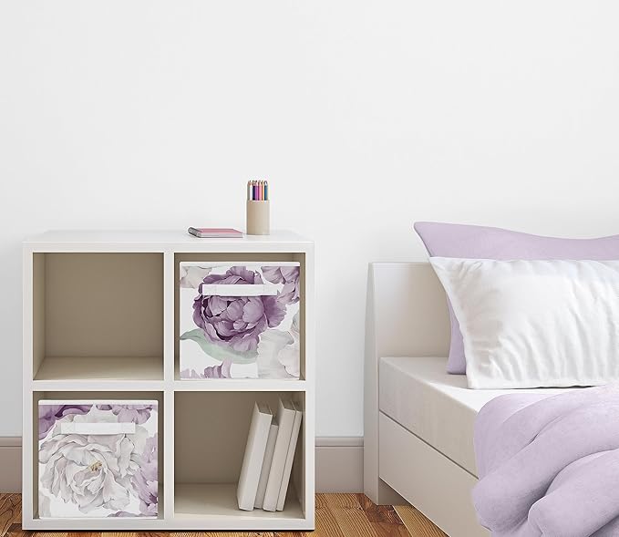 Sweet Jojo Designs Lavender Purple Boho Shabby Chic Floral Girl Collapsible Fabric Storage Cubes Foldable Bins Organizer Boxes Kids Baby Childrens Toys - 2 Set Violet Ivory Bohemian Vintage Watercolor