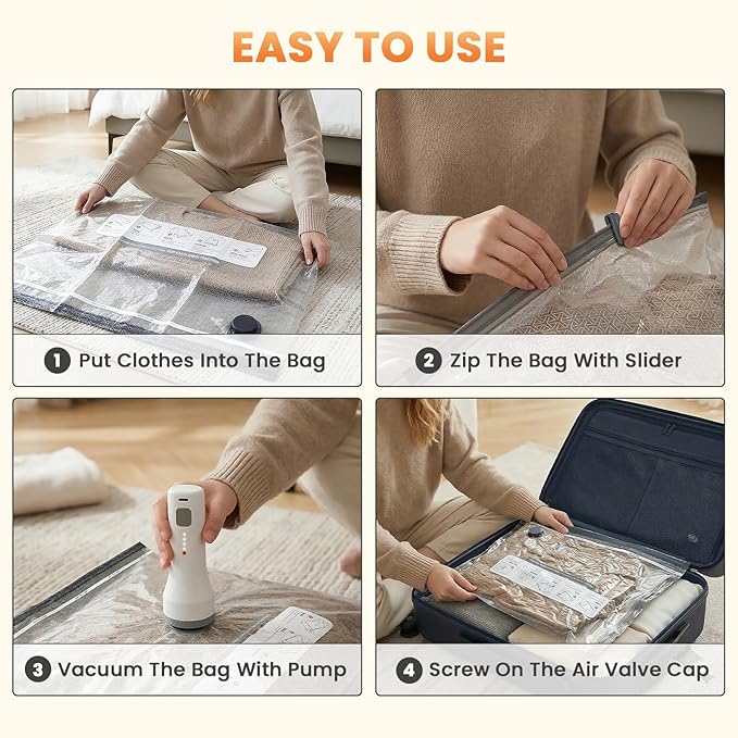 Upgrade 15 Pack Travel Vacuum Bags with 2000mAh Rechargeable Electric Pump, Reusable Vacuum Bags for Clothes Space-Saving Organizer for Luggage, Suitcase, Vacation