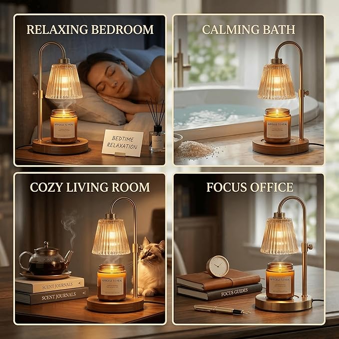 Candle Warmer Lamp with Timer and Dimmer, Adjustable Height Jar Candle Wax Warmer, Flameless Halogen Heat, 2 Replacement Bulbs, Gifts for Women Mom, Living Room Bedroom Decor Gold