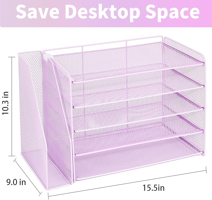 OPNICE Desk Organizer, 5-Tier Paper Organizer Letter Tray with Magazine Holder, Office Desk Accessories & Workspace Organizers, Desktop File Organizer for Office Supplies Storage, Purple