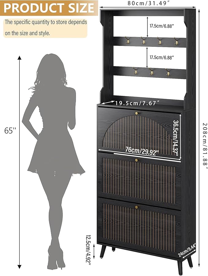 Fsbecl Shoe Cabinet for Entryway with 3 Flip Drawers & Coat Rack, Narrow Hidden Shoe Storage Cabinet with Fluted Panel, 2-in-1 Hall Tree Slim Freestanding Shoe Rack Organizer for Hallway, Black