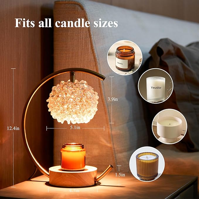 Yeuslor Gold Candle Warmer Lamp for Jar Candles with Adjustable Brightness＆Timer，Handcrafted Crystal＆Wooden Base, Luxurious Design,Home Decoration Electric Candle lamp(C-Shaped)