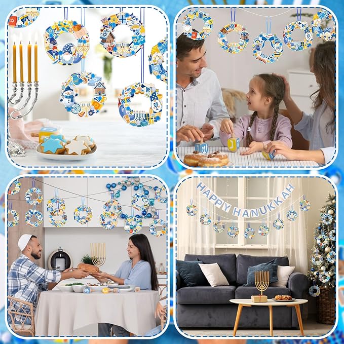 Hollowfly 48 Sets Hanukkah Wreath Craft Kits DIY Menorah Hanging Ornaments Make Your Own Hanukkah Craft with Stickers for Home Party DIY Activities