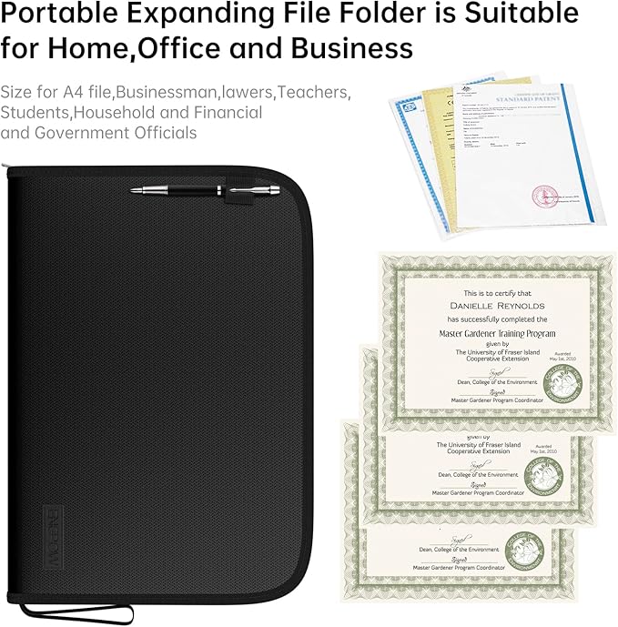 ENGPOW Expanding File Folder with Multi-Function Pockets,Fireproof File Organizer Accordion Document Organizer with Letter A4 Size Storage For Important Document,Money,Card,USB,Passport,5-Pocket,Black