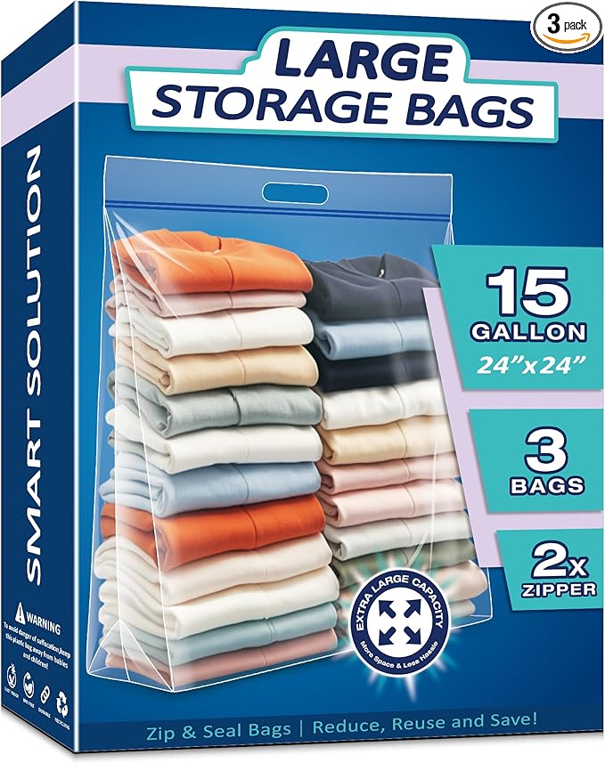15 Gallon Large Resealable Storage Bags with zipper Top，24" x 24" Heavy Duty Clear Bags with Handles, 4 Mil Thick - Perfect for Clothing, Pillows, Travel, and Moving (3-Pack)