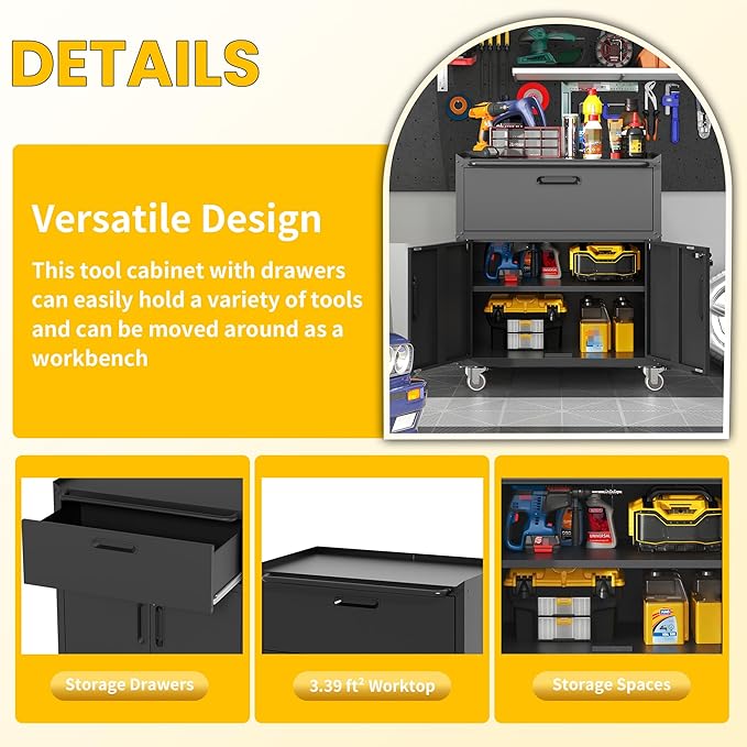 Garage Storage Cabinets with Wheels, Locking Metal Storage Cabinets with 2 Doors and 1 Drawer, Easy Assembly Tool Cabinet for Garage, Basement,Warehouse