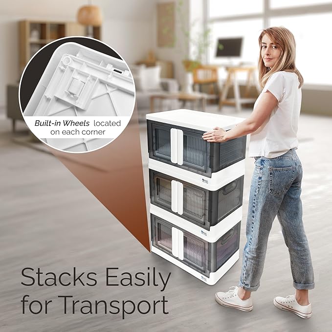 Reli. Storage Bins with Lids and Doors (4 Pack) | 8.4 Gallon Collapsible Storage Bins with Lids | Collapsible Stackable Plastic Cabinet with Built-in Wheels | Heavy Duty Closet Organizers