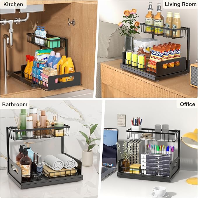 Under Sink Organizer 2 Tier, Pull Out Drawer Slides Under Sink Storage for Bathroom Kitchen,Multi-Purpose Drawer Under Cabinet Organizer for Cleaning Supplies (Black, 2 Pack)