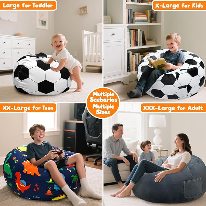 Lukeight Soccer Stuffed Animals Storage Bean Bag Chair Cover Only (Ships Empty, No Filling) - Velvet YKK Zipper Beanbag Cover for Toddlers and Kids, Washable Plush Toy Organizer, Large 27" D x 16" H