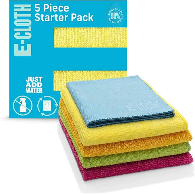 E-Cloth 5-pc Starter Pack- Microfiber Cleaning Cloth Set with Reusable Cleaning Cloth and Glass Polishing Cloth, Assorted Color Microfiber Cleaner for Bathroom, Kitchen, and Car - 1 Pack