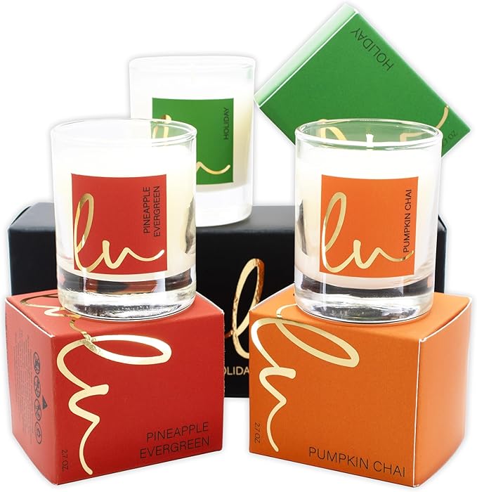 Lulu Candles | Holiday, Pineapple Evergreen, Pumpkin Chai | Luxury Scented Soy Jar Candle | Hand Poured in The USA | Highly Scented (Holiday Gift Set - 3 PC, 2.7 Oz. Votives)