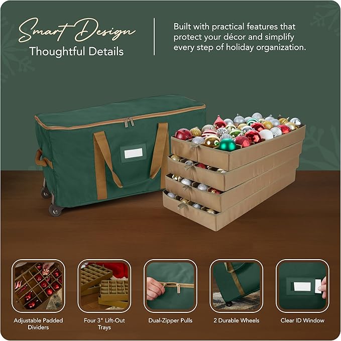 Covermates Keepsakes Rolling Adjustable Ornament Storage Bag – Heavy-Duty Polyester, FlexGrid Trays & Padded Dividers – Protective Holiday Organizer with Wheels, Handles & ID Window, Green